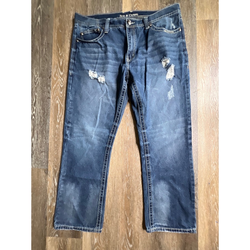 Axe & Crown Slim Fit Jeans Mens 38x30 Blue Distressed Heavy Stitch Denim‎